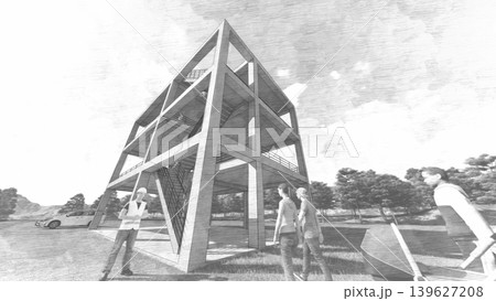 津波・水害時の高台避難訓練と避難タワーの3DCGイメージ 津波・水害時の高台避難訓練と避難タワーの3DCGイメージ 139627208