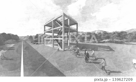 津波・水害時の高台避難訓練と避難タワーの3DCGイメージ 津波・水害時の高台避難訓練と避難タワーの3DCGイメージ 139627209