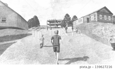 津波・水害時の高台避難訓練と避難タワーの3DCGイメージ　人あり 139627216