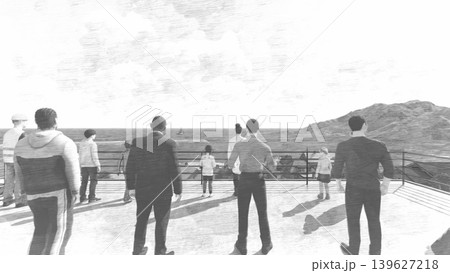 津波・水害時の高台避難訓練と避難タワーの3DCGイメージ　人あり 139627218