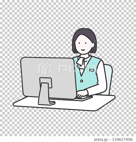 一張簡單的插圖,描繪了一名醫療辦公室工作人員使用電腦的情景。 一張簡單的插圖,描繪了一名醫療辦公室工作人員使用電腦的情景。 139627406