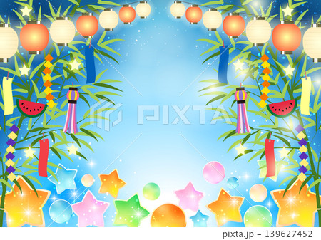 七夕背景イラスト、ちょうちんガーランド、ポップ星、かわいい、横 139627452
