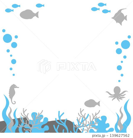 海 生物 シルエット フレーム 飾り枠 背景 魚 タコ タツノオトシゴ サンゴ 海藻 イラスト素材 海 生物 シルエット フレーム 飾り枠 背景 魚 タコ タツノオトシゴ サンゴ 海藻 イラスト素材 139627562
