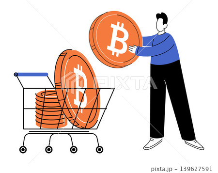 Man putting a bitcoin coin into a shopping cart vector illustration. Digital economy, crypto payment, online shopping, investment, blockchain, e-commerce. Male placing crypto into trolley Man putting a bitcoin coin into a shopping cart vector illustration. Digital economy, crypto payment, online shopping, investment, blockchain, e-commerce. Male placing crypto into trolley 139627591