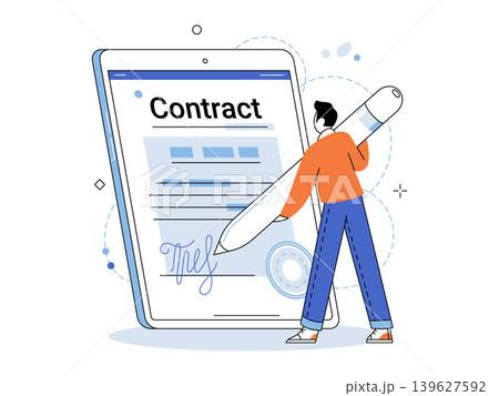 Man signing digital contract on tablet vector illustration. Electronic signature, business agreement, legal services, paperless office, digital transformation, remote work. User signing document 139627592
