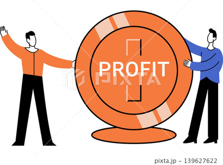 Two men holding a giant orange coin with profit text vector illustration. Business growth, financial success, investment, revenue, teamwork, wealth. Male partners carrying a large currency token Two men holding a giant orange coin with profit text vector illustration. Business growth, financial success, investment, revenue, teamwork, wealth. Male partners carrying a large currency token 139627622