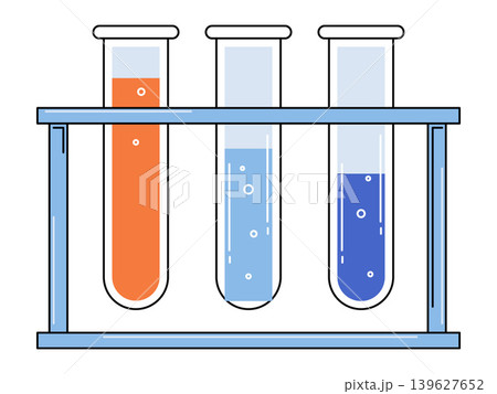 Three test tubes with liquids in a rack vector illustration. Laboratory research, chemical experiment, medical testing, science education, pharmacy, biotech. Glassware with fluid samples in a holder Three test tubes with liquids in a rack vector illustration. Laboratory research, chemical experiment, medical testing, science education, pharmacy, biotech. Glassware with fluid samples in a holder 139627652