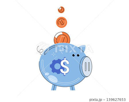 Piggy bank with dollar sign and gear with coins falling vector illustration. Financial planning, investment, passive income, automation, wealth, banking. Money box with currency symbol and cog Piggy bank with dollar sign and gear with coins falling vector illustration. Financial planning, investment, passive income, automation, wealth, banking. Money box with currency symbol and cog 139627653