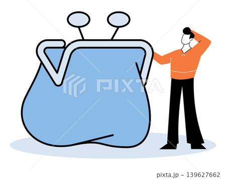 A man stands next to a giant blue coin purse vector illustration. Financial crisis, poverty, debt management, bankruptcy, economic recession, personal finance. Male character beside a large wallet A man stands next to a giant blue coin purse vector illustration. Financial crisis, poverty, debt management, bankruptcy, economic recession, personal finance. Male character beside a large wallet 139627662