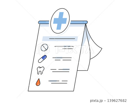 Medical clipboard with health icons and cross symbol vector illustration. Patient care, dental services, blood testing, pharmacy, diagnosis, insurance. Healthcare document with medical symbols 139627682