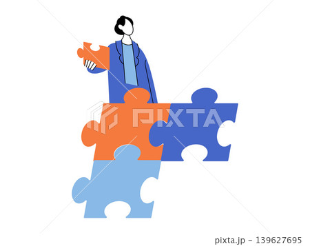 Woman holding a puzzle piece vector illustration. Problem solving, business strategy, teamwork, corporate solution, project management, logic. Female professional connecting parts Woman holding a puzzle piece vector illustration. Problem solving, business strategy, teamwork, corporate solution, project management, logic. Female professional connecting parts 139627695