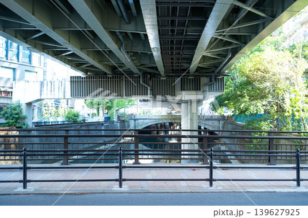 都市の高架橋裏側と川沿いの鉄柵 コンクリート構造物と緑の対比 都市の高架橋裏側と川沿いの鉄柵 コンクリート構造物と緑の対比 139627925