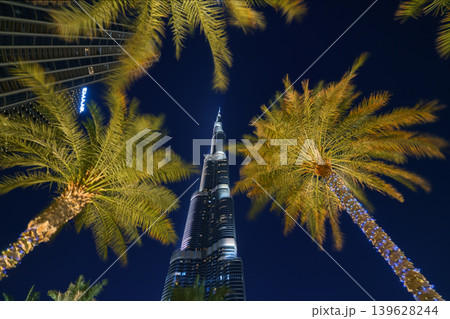 Dubai, United Arab Emirates - Jan 19 2024, panoramic view from below of Burj Khalifa, palm trees and neighboring skyscrapers rushing into the dark night sky, without people, at nighttime, Dubai, UAE Dubai, United Arab Emirates - Jan 19 2024, panoramic view from below of Burj Khalifa, palm trees and neighboring skyscrapers rushing into the dark night sky, without people, at nighttime, Dubai, UAE 139628244