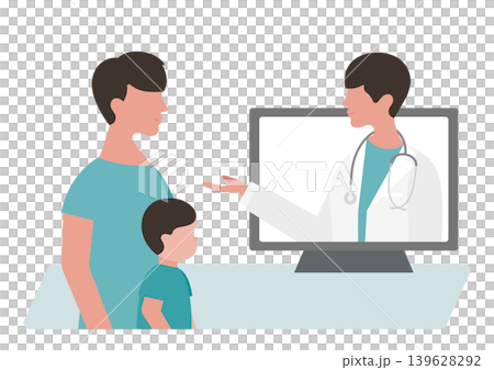 オンライン診療の男の子と父親・医療説明をする医師のベクターイラスト素材 139628292