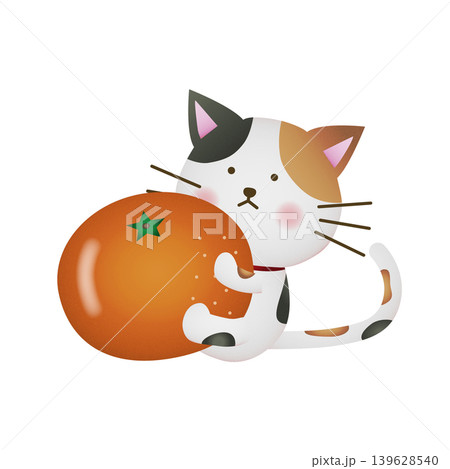 みかんにしがみつく三毛猫のイラスト かわいい動物と果物のキャラクター素材 みかんにしがみつく三毛猫のイラスト かわいい動物と果物のキャラクター素材 139628540