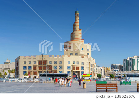 Doha, Qatar - Jan 14 2024, Panoramic view of the Sheikh bin Zaid Qatar islamic cultural center, Fanar, in the foreground a square with a people walking on it, at daytime, Doha, Qatar Doha, Qatar - Jan 14 2024, Panoramic view of the Sheikh bin Zaid Qatar islamic cultural center, Fanar, in the foreground a square with a people walking on it, at daytime, Doha, Qatar 139628676