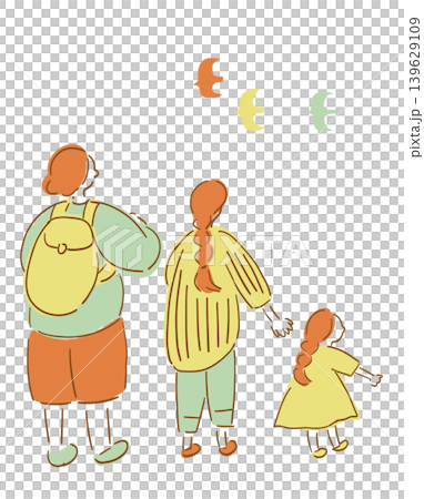 後ろ姿の家族_アースカラー｜手描きイラスト 139629109