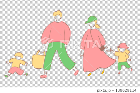 一家四口外出_復古色彩 | 手繪插畫_線條藝術 一家四口外出_復古色彩 | 手繪插畫_線條藝術 139629114