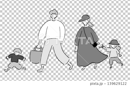 おでかけ4人家族_モノトーン|手描きイラスト_線画 おでかけ4人家族_モノトーン|手描きイラスト_線画 139629122