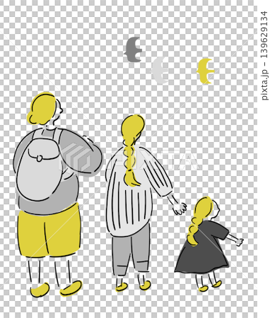 後ろ姿の家族_ゴールド＆グレー｜手描きイラスト 139629134