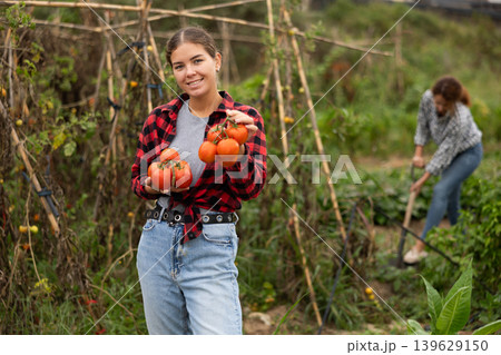 Portrait of happy farmer girl picking ripe red tomatoes. Concept of food self sufficiency 139629150