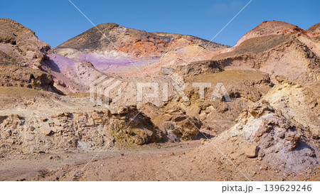 Sir Bani Yas Island, United Arab Emirates - Jan 18 2024, panoramic view of the bare mountains and cliffs of the island of Sir Bani Yas Island, UAE 139629246