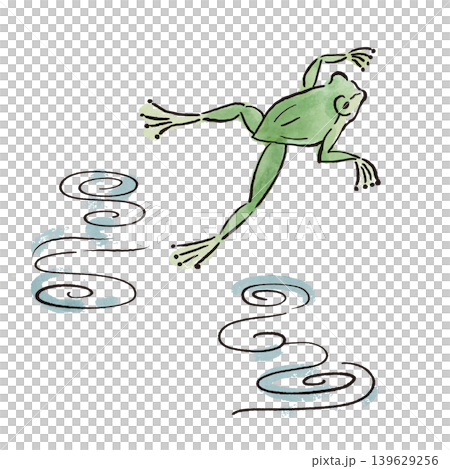 跳ねるカエルと水紋のイラスト　水彩風　和風  139629256