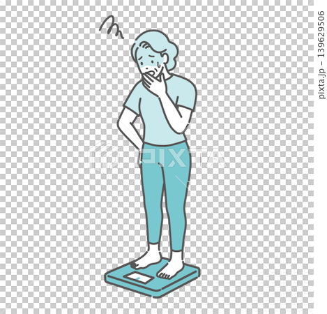 An illustration of a senior woman (standard build) who is shocked after having her weight measured. An illustration of a senior woman (standard build) who is shocked after having her weight measured. 139629506