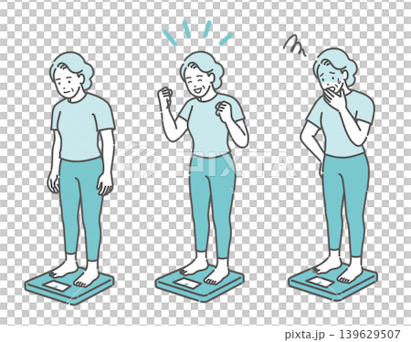 体重測定をするシニア女性のイラストセット（標準体型・表情3種） 139629507