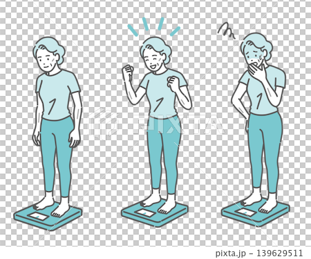 A set of illustrations of a senior woman weighing herself (slim build, 3 different facial expressions). A set of illustrations of a senior woman weighing herself (slim build, 3 different facial expressions). 139629511
