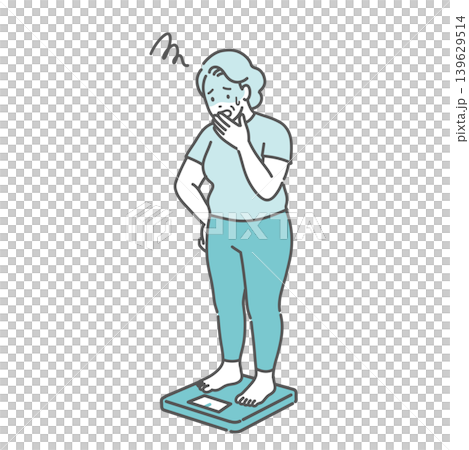 An illustration of a senior woman (obese) who is shocked after having her weight measured. An illustration of a senior woman (obese) who is shocked after having her weight measured. 139629514