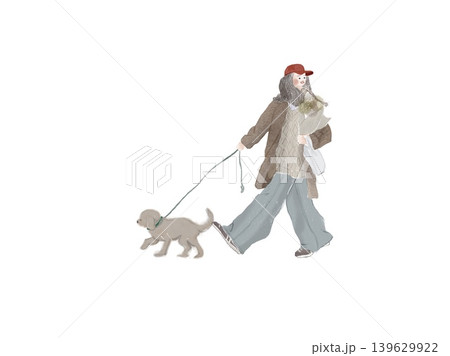 犬の散歩を楽しむナチュラルファッションの女性のイラスト 犬の散歩を楽しむナチュラルファッションの女性のイラスト 139629922