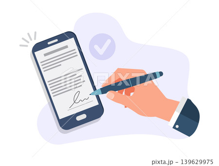 Hand signing digital document on smartphone screen stock illustration. Hand signing digital document on smartphone screen stock illustration. 139629975