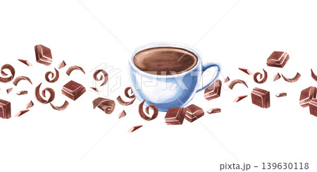 A seamless border featuring a coffee cup, chocolate pieces. Watercolor illustration for coffee shop branding, menu design, advertising, and food blogs. A seamless border featuring a coffee cup, chocolate pieces. Watercolor illustration for coffee shop branding, menu design, advertising, and food blogs. 139630118