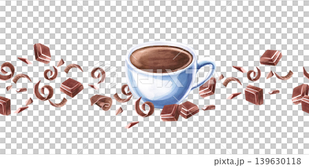 A seamless border featuring a coffee cup, chocolate pieces. Watercolor illustration for coffee shop branding, menu design, advertising, and food blogs. A seamless border featuring a coffee cup, chocolate pieces. Watercolor illustration for coffee shop branding, menu design, advertising, and food blogs. 139630118
