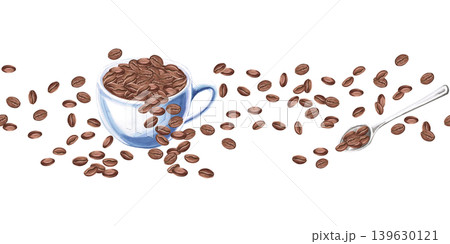 A seamless border featuring a cup and spoon filled with coffee beans. Watercolor illustration for coffee shop branding, menu design, advertising, and food blogs. A seamless border featuring a cup and spoon filled with coffee beans. Watercolor illustration for coffee shop branding, menu design, advertising, and food blogs. 139630121