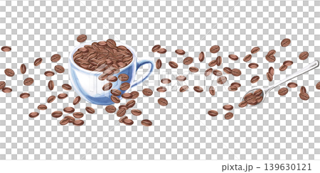 A seamless border featuring a cup and spoon filled with coffee beans. Watercolor illustration for coffee shop branding, menu design, advertising, and food blogs. A seamless border featuring a cup and spoon filled with coffee beans. Watercolor illustration for coffee shop branding, menu design, advertising, and food blogs. 139630121