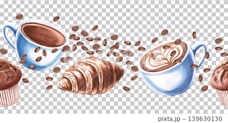 A seamless border featuring two cups of coffee, a croissant, a muffin, and scattered coffee beans. Watercolor illustration for coffee shop branding, menu design, advertising, and food blogs. A seamless border featuring two cups of coffee, a croissant, a muffin, and scattered coffee beans. Watercolor illustration for coffee shop branding, menu design, advertising, and food blogs. 139630130