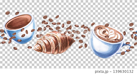 A seamless border featuring two cups of coffee, a croissant, and scattered coffee beans. Watercolor illustration for coffee shop branding, menu design, advertising, and food blogs. A seamless border featuring two cups of coffee, a croissant, and scattered coffee beans. Watercolor illustration for coffee shop branding, menu design, advertising, and food blogs. 139630132