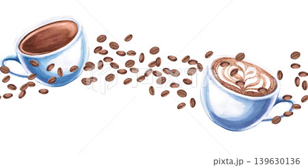 A seamless border of two coffee cups and scattered beans. It conveys a cozy atmosphere. Watercolor illustration for coffee shop branding, menu design, advertising, and food blogs. 139630136
