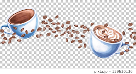 A seamless border of two coffee cups and scattered beans. It conveys a cozy atmosphere. Watercolor illustration for coffee shop branding, menu design, advertising, and food blogs. 139630136