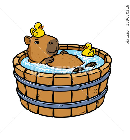 capybara is soaking in a wooden water tub capybara is soaking in a wooden water tub 139630316