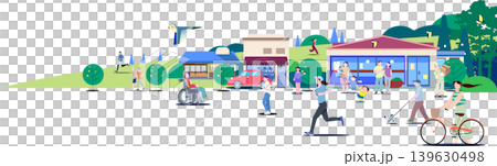 多様な人々が活動する豊かな自然と街並みのベクターイラスト:共生社会、健康、コミュニティ 多様な人々が活動する豊かな自然と街並みのベクターイラスト:共生社会、健康、コミュニティ 139630498
