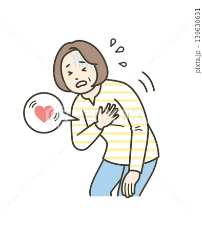 動悸がして苦しそうに胸を押さえる中年女性の上半身イラスト 動悸がして苦しそうに胸を押さえる中年女性の上半身イラスト 139630631