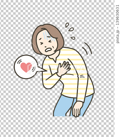 An illustration of the upper body of a middle-aged woman clutching her chest in distress due to palpitations. An illustration of the upper body of a middle-aged woman clutching her chest in distress due to palpitations. 139630631