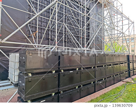Outdoor stage setup with metal scaffolding Outdoor stage setup with metal scaffolding 139630709
