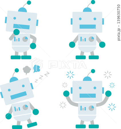 サステナブルな未来を象徴するロボットのポーズセット：AIの協力・思考・エラー・成功 139630750
