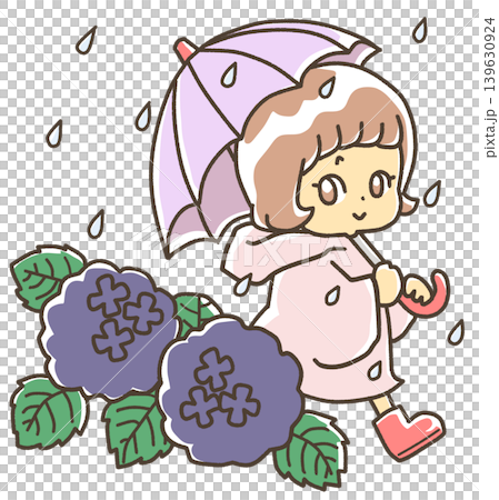 アジサイを横目に雨の中傘と雨合羽でお散歩する子ども 139630924
