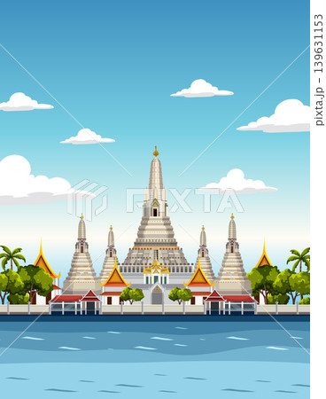 Flat Vector Illustration of Wat Arun Temple on the Chao Phraya River Flat Vector Illustration of Wat Arun Temple on the Chao Phraya River 139631153