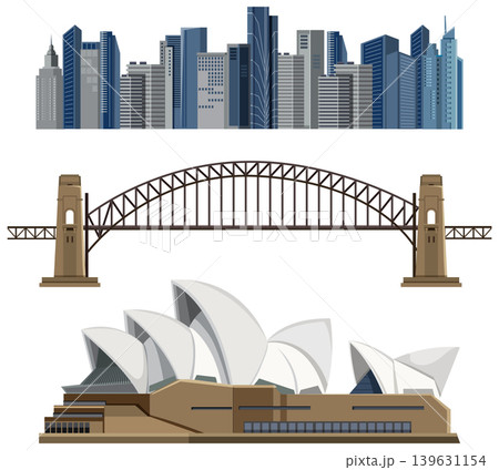 Flat Vector Set of Sydney Landmarks Including Skyline Bridge and Opera House Flat Vector Set of Sydney Landmarks Including Skyline Bridge and Opera House 139631154